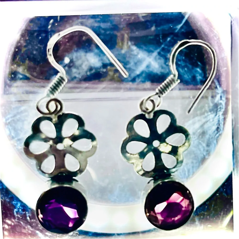 New Artisan 925 Sterling Silver Natural Amethyst Gem Daisy Handmade Earrings